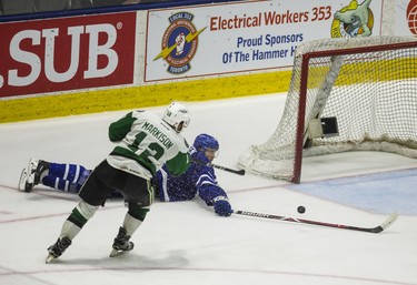 Toronto Marlies Calle Rosen tries in vain to block an empty net during 3rd period action against Texas Stars Colin Markison in Game 6 of the 2018 Calder Cup Finals at the Ricoh Coliseum in Toronto, Ont. on Tuesday June 12, 2018. Ernest Doroszuk/Toronto Sun/Postmedia