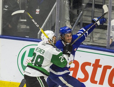 Toronto Marlies Mason Marchment during 3rd period action against Texas Stars Brent Regner in Game 6 of the 2018 Calder Cup Finals at the Ricoh Coliseum in Toronto, Ont. on Tuesday June 12, 2018. Ernest Doroszuk/Toronto Sun/Postmedia