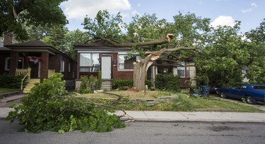 Two homes are left compromised after a fallen tree caused by a storm on Robina Ave. near Oakwood Ave. and St.Clair Ave. W.,  in Toronto, Ont. on Wednesday June 13, 2018. Ernest Doroszuk/Toronto Sun/Postmedia