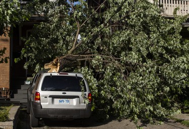 A tree fell on a car following a storm on Arlington Ave., near Vaughan Rd. and St. Clair Ave. W.,  in Toronto, Ont. on Wednesday June 13, 2018. Ernest Doroszuk/Toronto Sun/Postmedia