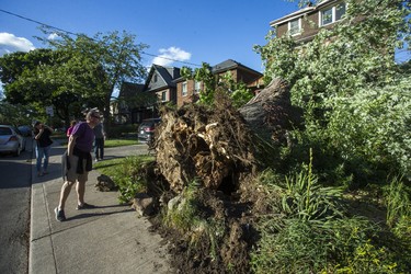 An uprooted tree following a storm that passed by a home by Humewood Park, near Vaughan Rd. and St. Clair Ave. W.,  in Toronto, Ont. on Wednesday June 13, 2018. Ernest Doroszuk/Toronto Sun/Postmedia