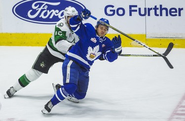 Toronto Marlies Dmytro Timashov during 1st period action against Texas Stars Curtis McKenzie in Game 7 of the 2018 Calder Cup Finals at the Ricoh Coliseum at the Ricoh Coliseum in Toronto, Ont. on Thursday June 14, 2018. Ernest Doroszuk/Toronto Sun/Postmedia