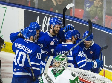 Toronto Marlies celebrate their first goal during 1st period action against Texas Stars in Game 7 of the 2018 Calder Cup Finals at the Ricoh Coliseum at the Ricoh Coliseum in Toronto, Ont. on Thursday June 14, 2018. Ernest Doroszuk/Toronto Sun/Postmedia