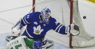Toronto Marlies goalie Garret Sparks during 2nd period action against Texas Stars in Game 7 of the 2018 Calder Cup Finals at the Ricoh Coliseum at the Ricoh Coliseum in Toronto, Ont. on Thursday June 14, 2018. Ernest Doroszuk/Toronto Sun/Postmedia