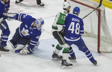 Not a goal as Toronto Marlies goalie Garret Sparks keep an eye on the puck during 2nd period action against Texas Stars in Game 7 of the 2018 Calder Cup Finals at the Ricoh Coliseum at the Ricoh Coliseum in Toronto, Ont. on Thursday June 14, 2018. Ernest Doroszuk/Toronto Sun/Postmedia