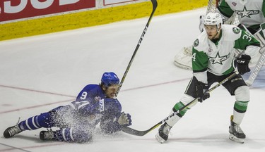 Toronto Marlies Trevor Moore during 2nd period action against Texas Stars Joel L'Esperance in Game 7 of the 2018 Calder Cup Finals at the Ricoh Coliseum at the Ricoh Coliseum in Toronto, Ont. on Thursday June 14, 2018. Ernest Doroszuk/Toronto Sun/Postmedia