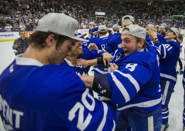 Toronto Marlies celebrate winning the Calder Cup after defeating Texas Stars in Game 7 at the Ricoh Coliseum in Toronto, Ont. on Thursday June 14, 2018. Ernest Doroszuk/Toronto Sun/Postmedia