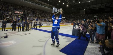 Toronto Marlies captain Ben Smith celebrates winning the Calder Cup after defeating Texas Stars in Game 7 at the Ricoh Coliseum in Toronto, Ont. on Thursday June 14, 2018. Ernest Doroszuk/Toronto Sun/Postmedia