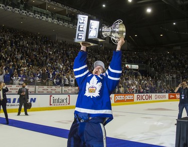 Toronto Marlies captain Ben Smith celebrates winning the Calder Cup after defeating Texas Stars in Game 7 at the Ricoh Coliseum in Toronto, Ont. on Thursday June 14, 2018. Ernest Doroszuk/Toronto Sun/Postmedia
