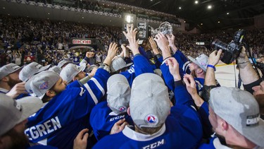 Toronto Marlies celebrate winning the Calder Cup after defeating Texas Stars in Game 7 at the Ricoh Coliseum in Toronto, Ont. on Thursday June 14, 2018. Ernest Doroszuk/Toronto Sun/Postmedia