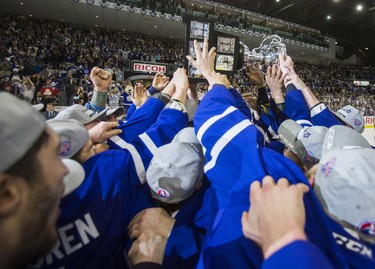 Toronto Marlies celebrate winning the Calder Cup after defeating Texas Stars in Game 7 at the Ricoh Coliseum in Toronto, Ont. on Thursday June 14, 2018. Ernest Doroszuk/Toronto Sun/Postmedia