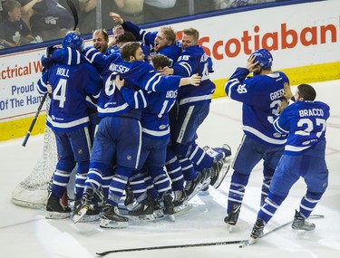 Toronto Marlies celebrate winning the Calder Cup after defeating Texas Stars in Game 7 at the Ricoh Coliseum in Toronto, Ont. on Thursday June 14, 2018. Ernest Doroszuk/Toronto Sun/Postmedia