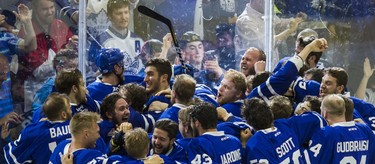 Toronto Marlies celebrate winning the Calder Cup after defeating Texas Stars in Game 7 at the Ricoh Coliseum in Toronto, Ont. on Thursday June 14, 2018. Ernest Doroszuk/Toronto Sun/Postmedia