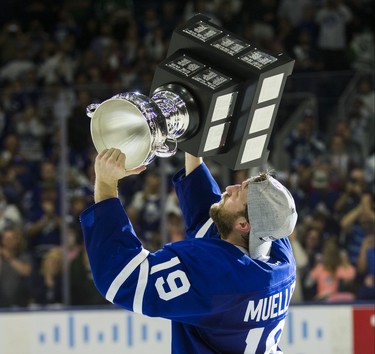 Toronto Marlies Chris Muelle celebrates winning the Calder Cup after defeating Texas Stars in Game 7 at the Ricoh Coliseum in Toronto, Ont. on Thursday June 14, 2018. Ernest Doroszuk/Toronto Sun/Postmedia