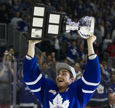 Toronto Marlies Mason Marchment celebrates winning the Calder Cup after defeating Texas Stars in Game 7 at the Ricoh Coliseum in Toronto, Ont. on Thursday June 14, 2018. Ernest Doroszuk/Toronto Sun/Postmedia