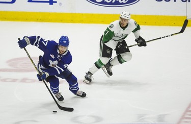 Toronto Marlies Pierre Engvall during 3rd period action against Texas Stars Gavin Bayreuther in Game 7 on the Calder Cup Finals at the Ricoh Coliseum in Toronto, Ont. on Thursday June 14, 2018. Ernest Doroszuk/Toronto Sun/Postmedia