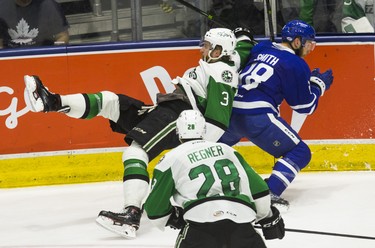 Toronto Marlies Ben Smith during 3rd period action against Texas Stars Dillon Heatherington in Game 7 on the Calder Cup Finals at the Ricoh Coliseum in Toronto, Ont. on Thursday June 14, 2018. Ernest Doroszuk/Toronto Sun/Postmedia