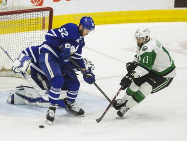 Toronto Marlies Martin Marincin during 3rd period action against Texas Stars Jason Dickinson  in Game 7 on the Calder Cup Finals at the Ricoh Coliseum in Toronto, Ont. on Thursday June 14, 2018. Ernest Doroszuk/Toronto Sun/Postmedia