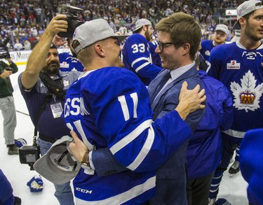 Toronto Maple Leafs GM Kyle Dubas and Toronto Marlies Andreas Johnsson celebrate Marlies Calder Cup victory against the Texas Stars in Game 7 at the Ricoh Coliseum in Toronto, Ont. on Thursday June 14, 2018. Ernest Doroszuk/Toronto Sun/Postmedia