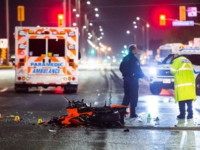 The remains of a motorcycle after a collision with a car on Queen Street, west of Bramalea Road, in Brampton Monday, June 4, 2018. (Victor Biro photo)
