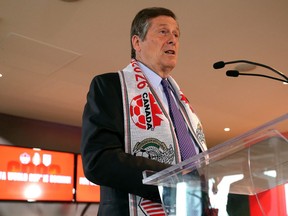 Mayor John Tory speaks to media after recieving a successful United 2026 FIFA World Cup bid at BMO Field in Toronto, Ont. on Wednesday June 13, 2018. Dave Abel/Toronto Sun
