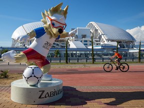 General view of the Fisht Stadium and the statue of Zabivaka the Wolf, the official mascot of the 2018 FIFA World Cup prior to the start of the FIFA 2018 World Cup on June 9, 2018 in Sochi, Russia.