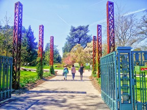 Entering Geneva's Botanical Gardens during an April visit. Even in early spring due to the city's temperate climate, many of the trees and plants are in full bloom.