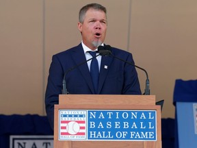 Chipper Jones gives his induction speech at Clark Sports Center during the Baseball Hall of Fame induction ceremony on July 29, 2018 in Cooperstown, New York.  (Photo by Jim McIsaac/Getty Images)