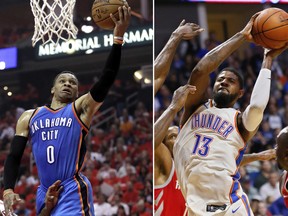 From left, Russell Westbrook, Paul George and Carmelo Anthony will help push OKC’s salaries/luxury tax over $300 million next season.   AP Photo
