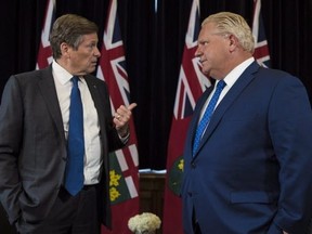 Ontario Premier Doug Ford and Toronto Mayor John Tory meet inside the Premier's office at Queen's Park in Toronto on Monday, July 9, 2018. THE CANADIAN PRESS/Tijana Martin