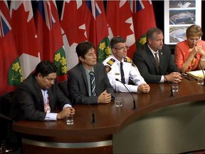 Supplied Photo Nishnawbe Aski Nation Deputy-Grand Chief Derek Fox, from left, Mattagami First Nation Chief Walter Naveau, Gogama Fire Chief Mike Benson, and MPPs Michael Mantha and France Gélinas held a press conference at Queen's Park on Tuesday calling for a complete clean-up of the Makami River before the winter freeze.