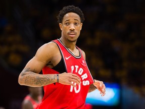 DeMar DeRozan #10 of the Toronto Raptors reacts during the second half of Game 4 of the second round of the Eastern Conference playoffs against the Cleveland Cavaliers at Quicken Loans Arena on May 7, 2018 in Cleveland. (Photo by Jason Miller/Getty Images)