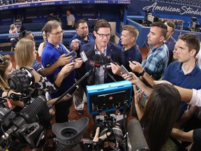 General manager Ross Atkins of the Toronto Blue Jays speaks to members of the media before the start of MLB game action against the Detroit Tigers at Rogers Centre on June 29, 2018 in Toronto, Canada.