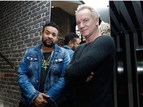 (FILES) In this file photo taken on March 26, 2018, British musician and singer Gordon Sumner aka Sting (R) and Jamaican musician and singer Orville Richard Burrell aka Shaggy (L) pose in Paris.    Sting and Shaggy will release their album '44/876'.