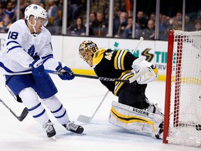 Toronto Maple Leafs' Andreas Johnsson scores on Boston Bruins' Tuukka Rask in Boston, Saturday, April 21, 2018. (AP Photo/Michael Dwyer)