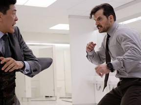 Left to right: Liang Yang and Henry Cavill in MISSION: IMPOSSIBLE - FALLOUT, from Paramount Pictures and Skydance.