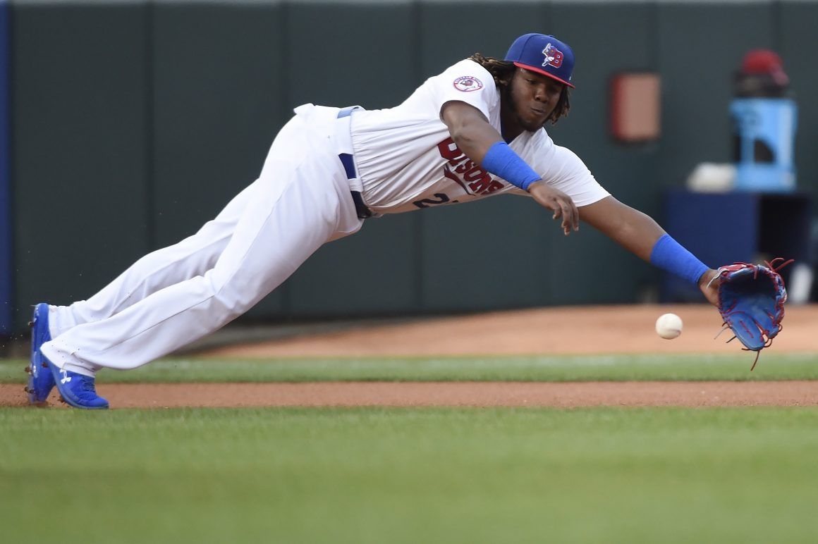 Buffalo Bisons third baseman Vladimir Guerrero Jr. (27) pops out during  sixth inning baseball action against the Lehigh Valley IronPigs in Buffalo  on Tuesday, July 31, 2018. Guerrero Jr. is making his