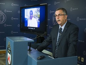 Det. Sgt. Gary Giroux updates the media on the murder of Kevin Boakye, 24, during a press conference at Toronto Police headquarters in Toronto, Ont. on Thursday July 26, 2018. Ernest Doroszuk/Toronto Sun/Postmedia