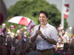 Prime Minister Justin Trudeau gives his addresses the crowd as he visits Leamington, Ont., to celebrate Canada Day, July 1, 2018.  (DAX MELMER/The Windsor Star)