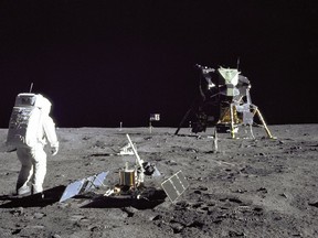 Astronaut Buzz Aldrin looks back at Tranquility Base during the 1969 Apollo 11 moon mission. (NASA Handout)