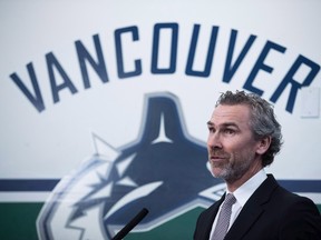 Vancouver Canucks President Trevor Linden speaks after NHL Commissioner Gary Bettman announced the 2019 NHL Entry Draft will be held in Vancouver, during a news conference in Vancouver on Wednesday, February 28, 2018. Linden have "amicably" agreed to part ways, the team announced Wednesday. (THE CANADIAN PRESS/Darryl Dyck)