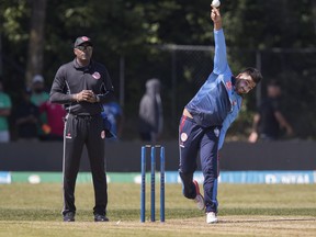 Toronto Nationals Nikhil Dutta bowls against the Vancouver Knights at the Global T-20 Canada Cricket last month.  THE CANADIAN PRESS/Fred Thornhill