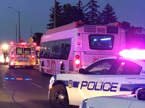 Peel police at the scene at Queen and McVean in Brampton after four people were stabbed on a Zum transit bus. (Peel police/Twitter)