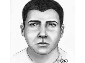 A sketch of a man sought in the dragging of an OPP officer on Hwy. 400 on July 3, 2018.