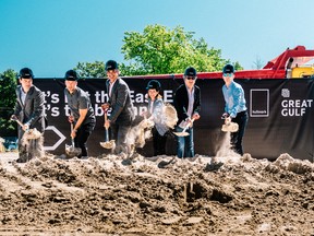 At the groundbreaking ceremony on Monday, July 9 for the ‘at home’ condo on Power St. and Adelaide St. E. From left to right: Geoffrey Matthews, Jeff Hull (Hullmark), Alan Vihant (Great Gulf),
Councillor Lucy Troisi, Eslahjou Babak and Michael Mcgrath.
