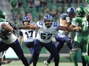 Toronto Argonauts kicker Ronnie Pfeffer attempts a field goal during second half season opener CFL action at Mosaic Stadium in Regina on Friday, June 15, 2018.