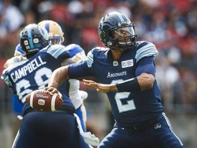 Toronto Argonauts quarterback James Franklin throws the ball against the Winnipeg Blue Bombers during the first half of CFL football action in Toronto, Saturday, July 21, 2018.