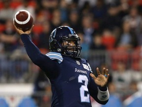 Toronto Argonauts quarterback James Franklin (2) prepares to make a throw during second half CFL football action against the Calgary Stampeders, in Toronto on Saturday, June 23, 2018. THE CANADIAN PRESS/Cole Burston