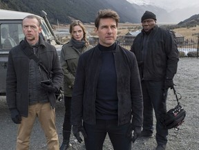 This image released by Paramount Pictures shows, from left, Simon Pegg, Rebecca Ferguson, Tom Cruise and Ving Rhames in a scene from “Mission: Impossible – Fallout.”