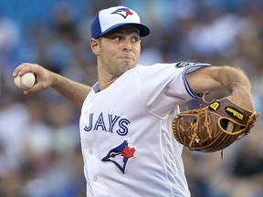 Toronto Blue Jays starting pitcher Sam Gaviglio throws against the New York Yankees  in Toronto on Friday July 6, 2018. (THE CANADIAN PRESS/Fred Thornhill)